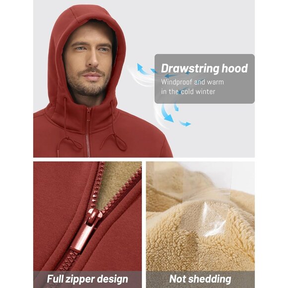Mens Winter Hoodie Full Zip Fleece Sherpa Lined Warm Red Casual Sweatshirt - Picture 4 of 6